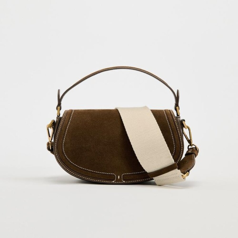 ZARA SUEDE CROSSBODY BAG WITH FLAP CHOCOLATE DARK BROWN